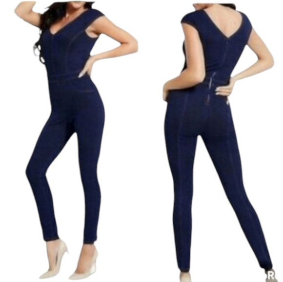 Guess Vivian Women's Denim Off The Shoulder Stretchy Skinny Jumpsuit - Picture 1 of 12